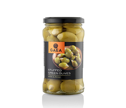 Green olives with almonds in a brine